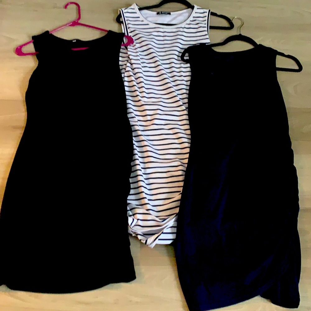 3 Cotten dresses black, navy and striped